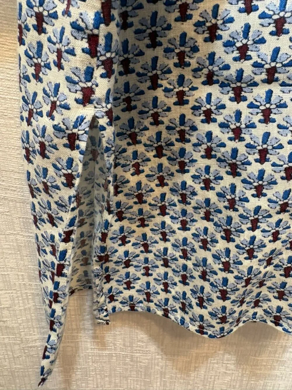 Tory Burch Blue Floral Geometric Print Split Neck Tunic Blouse Large